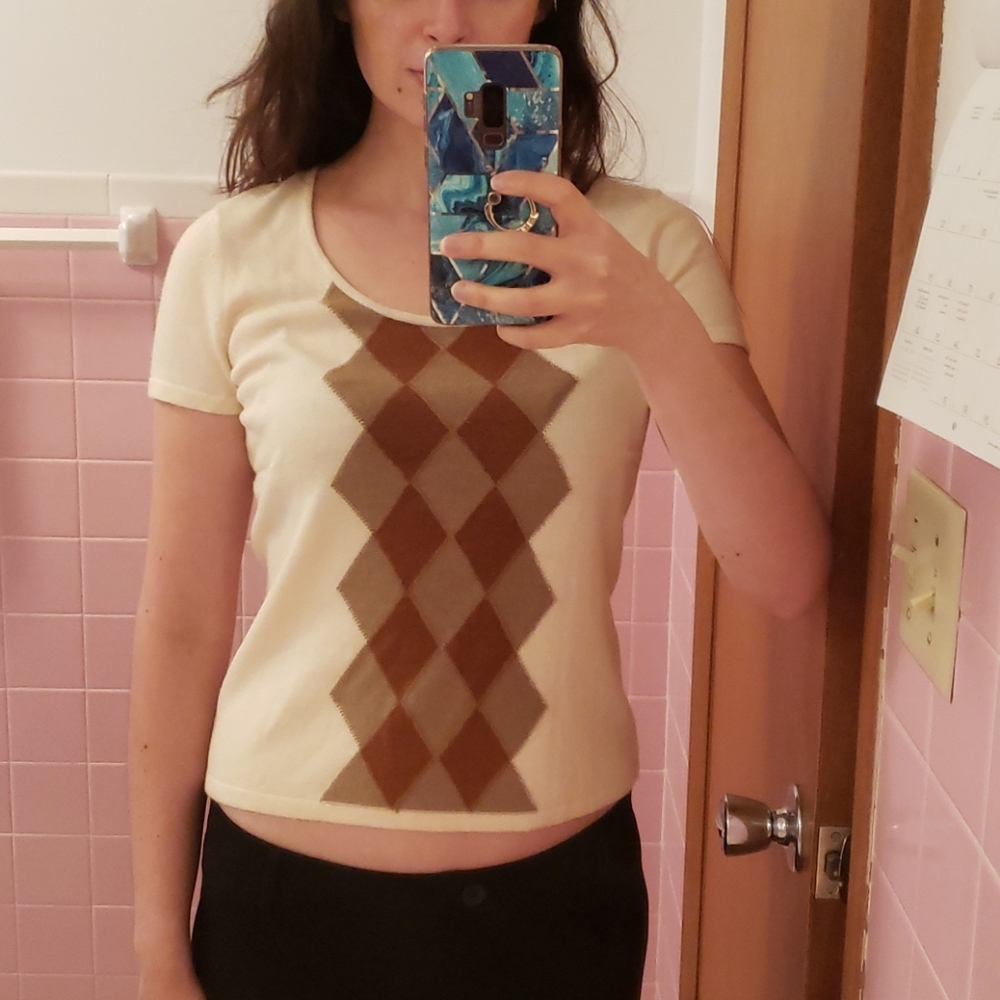 Alfani Cashmere Argyle V-Neck Sweater Size M Brown